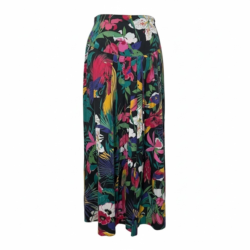 🔻Vintage Tropical Bird Print Midi Skirt | High Waist | Pleated